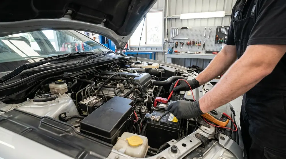 Mechanic testing a vehicle battery with diagnostic clamps under an open bonnet.