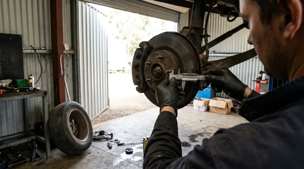Mechanic inspecting an exposed front brake rotor and hub in a workshop.