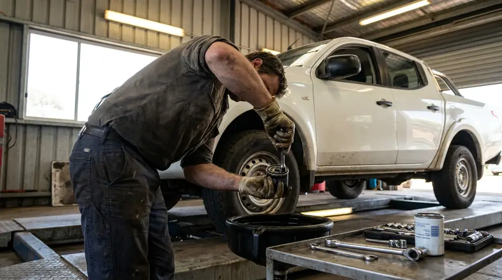 Mechanic removing an oil filter beside a white ute during routine servicing.
