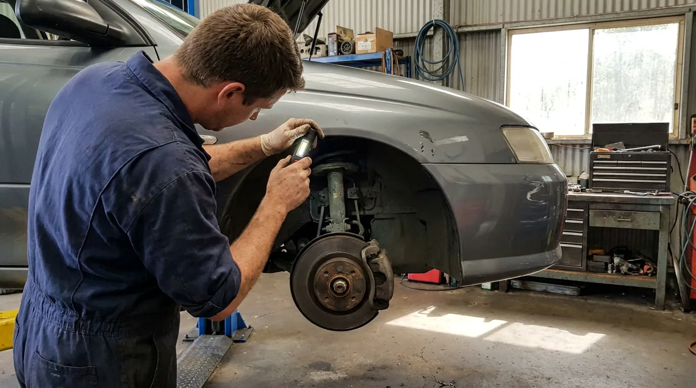Ashtech mechanic inspecting the front brakes and suspension of a car in a Dubbo workshop.